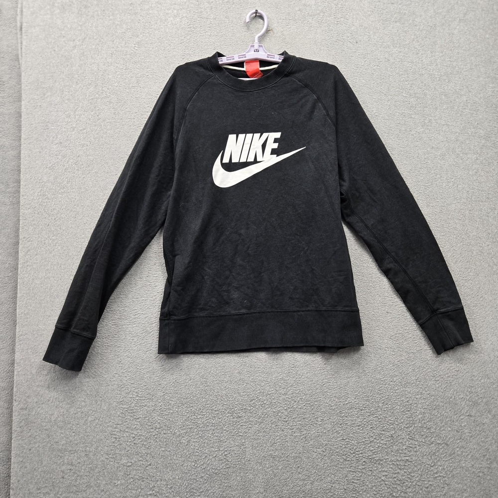 Nike‎ Women Sweatshirt L Black Big Logo Graphic Print Rally Crew French Terry